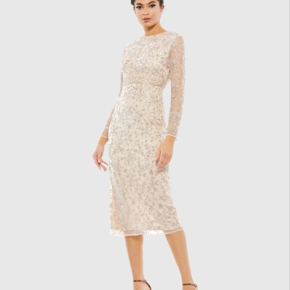 Mac Duggal 10812 Beaded Tea Length Dress Sheer Long Sleeves Women's Size 16 - Picture 2 of 11